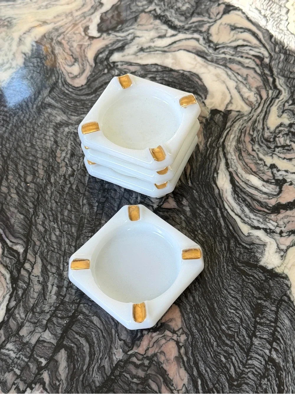 Vintage Milk Glass Gold-Accent Stackable Ashtray Set - Classic Home Dining